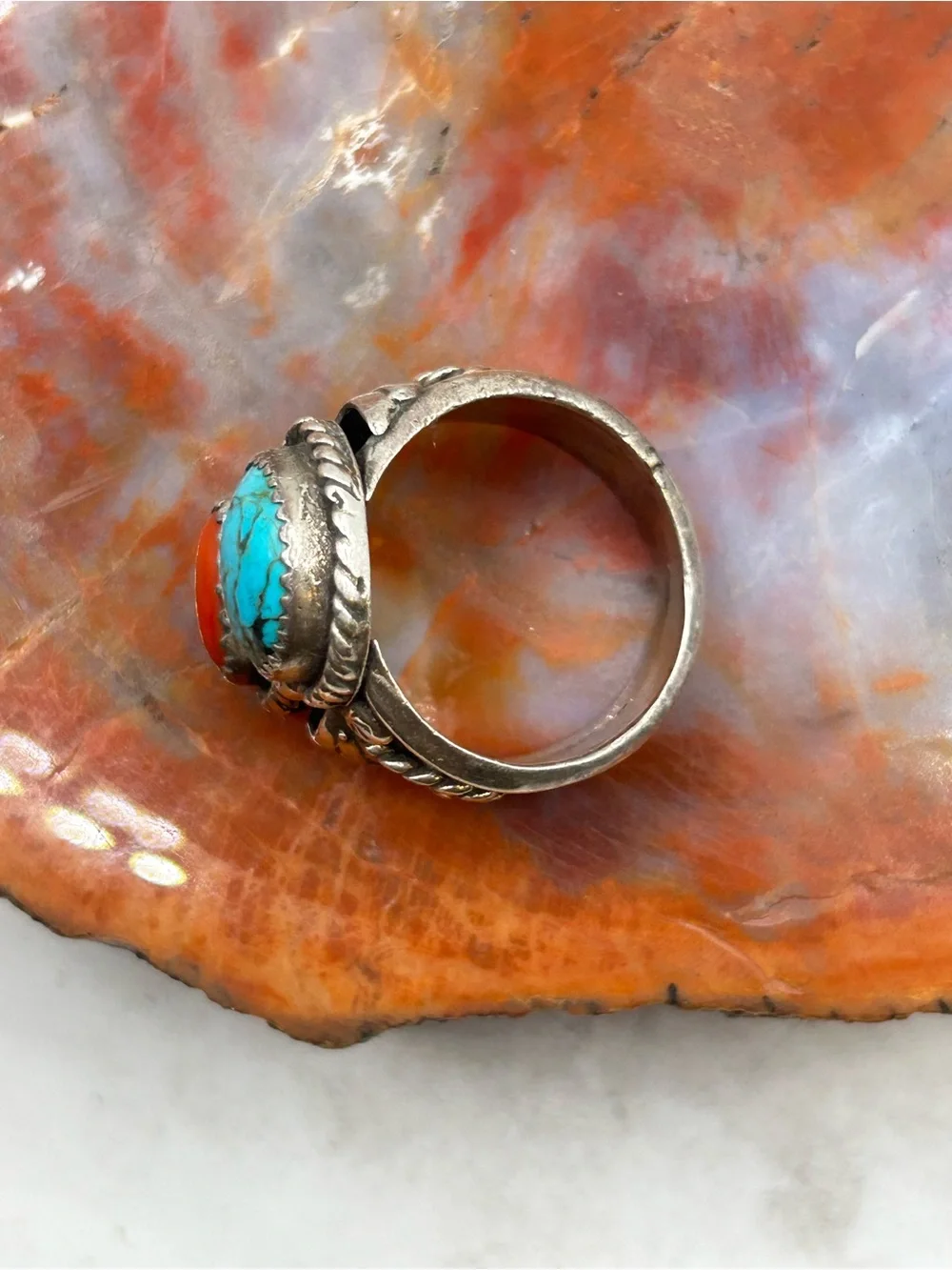 Southwest Sterling Silver Coral and Turquoise Ring - Size 12